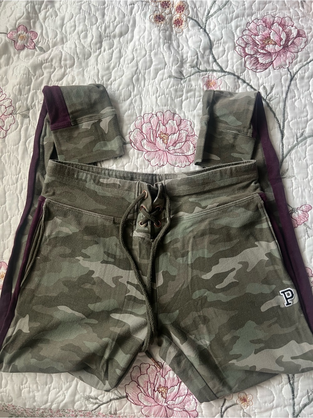PINK Victoria's Secret Olive Camo leggings with Purple Side Stripes